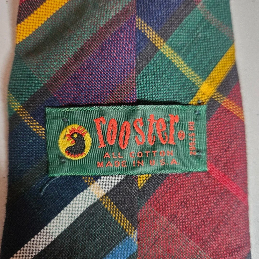 Vintage Rooster Mens Plaid Cotton Necktie Multi Color Made in USA Preppy Tie